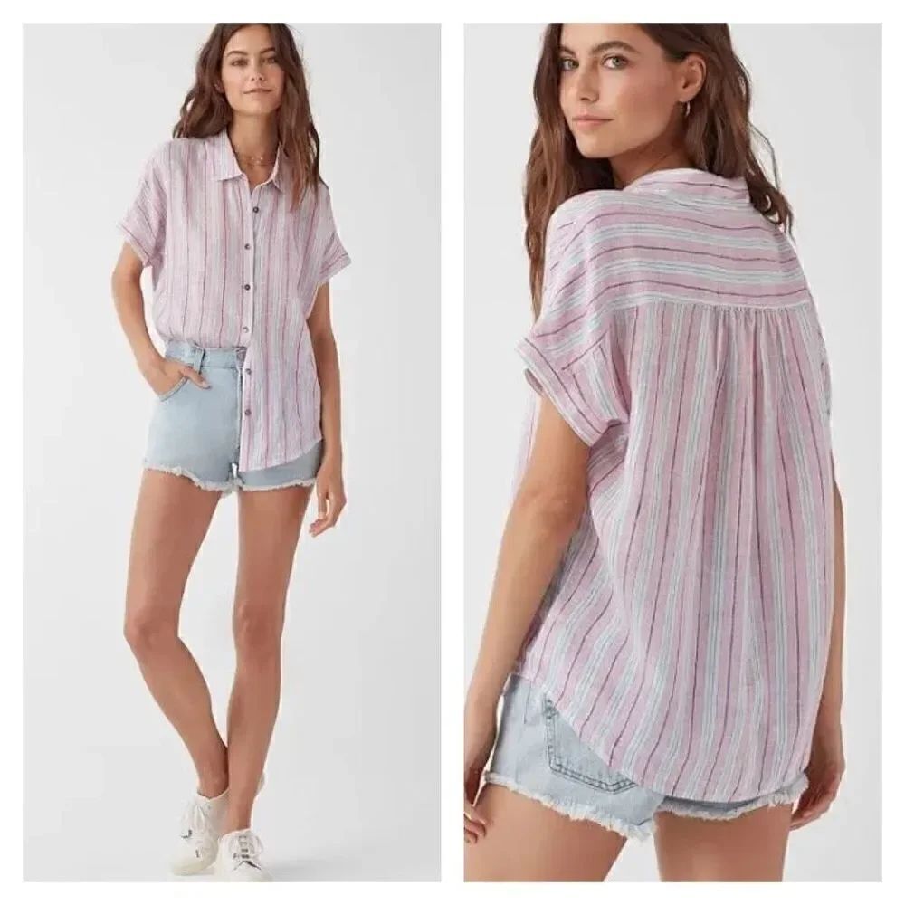 Splendid Button-Up Striped Short Sleeve Collared Pink White Top Size S NWT